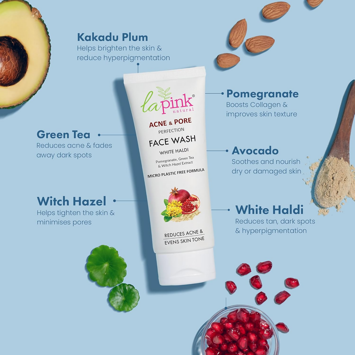 La Pink Acne & Pore Perfection Face Wash With White Haldi & Green Tea | Grocsy