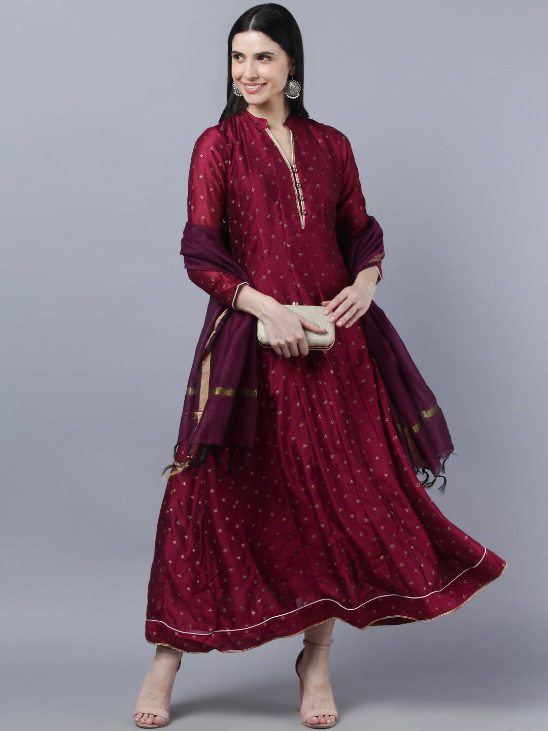 Myshka Women Brown Gold-Toned Anarkali Kurta With Dupatta | Grocsy