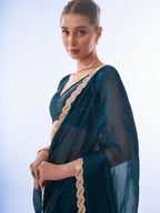 Teal Blue Burburry Designer Work Lace Border & Swarovski Work Saree - Orchid | Grocsy