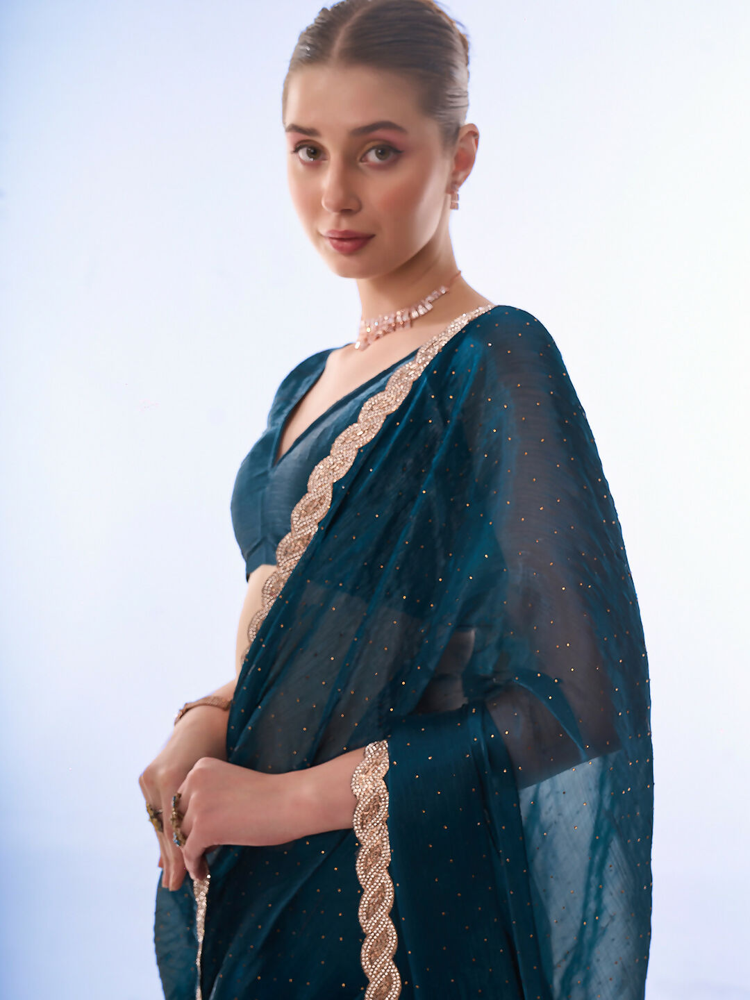 Teal Blue Burburry Designer Work Lace Border & Swarovski Work Saree - Orchid | Grocsy