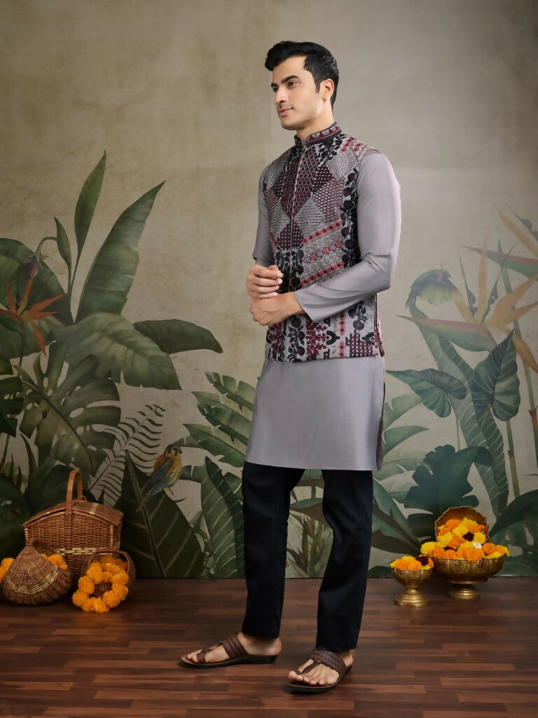 Vastranavya Grey Exclusive Festival Viscose Silk Thread & Swarovski Embroidered Work Mens Wear Kurta & Koti | Grocsy