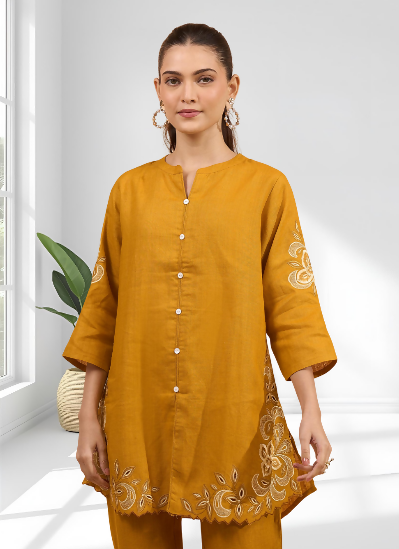 Joban Fashion Yellow Cotton, Linen Embroidered Readymade Cord Set | Grocsy