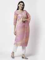 Myshka Pink Pure Cotton Printed 3/4 Sleeve Round Neck Kurta Pant Dupatta Set | Grocsy