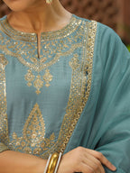 Janasya Light Blue Silk Blend Solid Kurta,Bottom & Dupatta | Grocsy