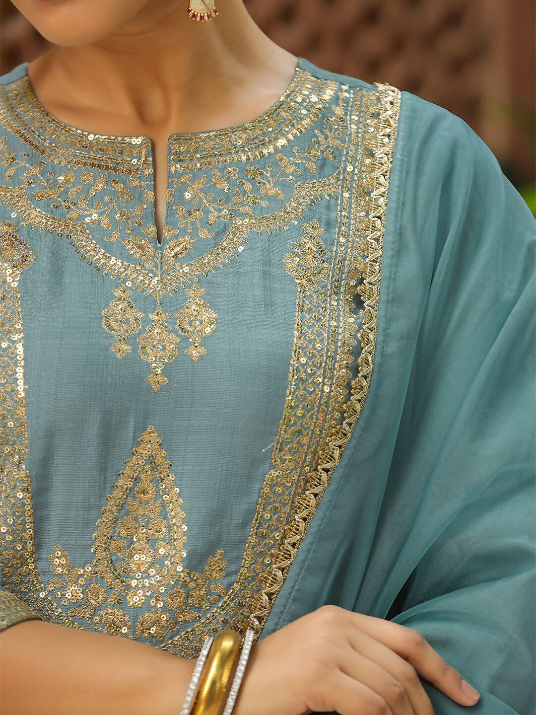 Janasya Light Blue Silk Blend Solid Kurta,Bottom & Dupatta | Grocsy