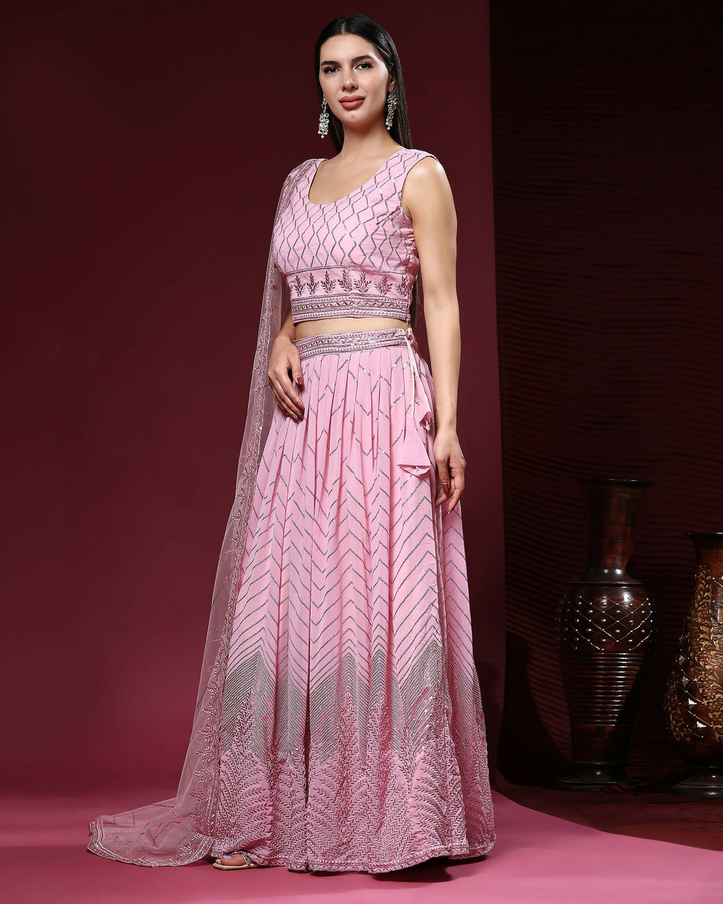 Pink Pure Viscose Georgette Sequence Embroidery work Lehenga Choli with Dupatta - Aakriti | Grocsy