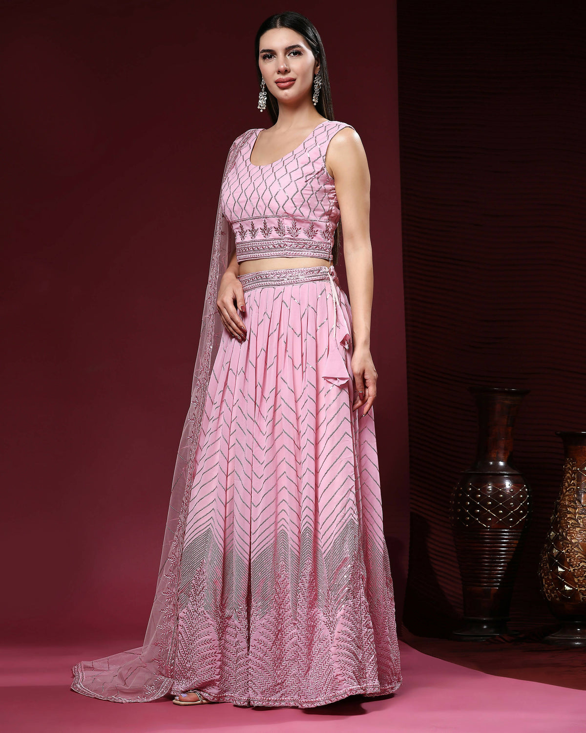 Pink Pure Viscose Georgette Sequence Embroidery work Lehenga Choli with Dupatta - Aakriti | Grocsy