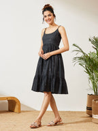 Janasya Navy Blue A-Line Cotton Dress | Grocsy