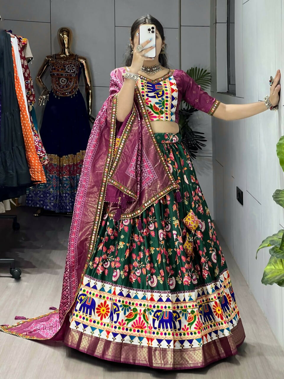 Yash Enterprise Green Silk Embroidery Semi Stitched Navratri Chaniya Choli | Grocsy
