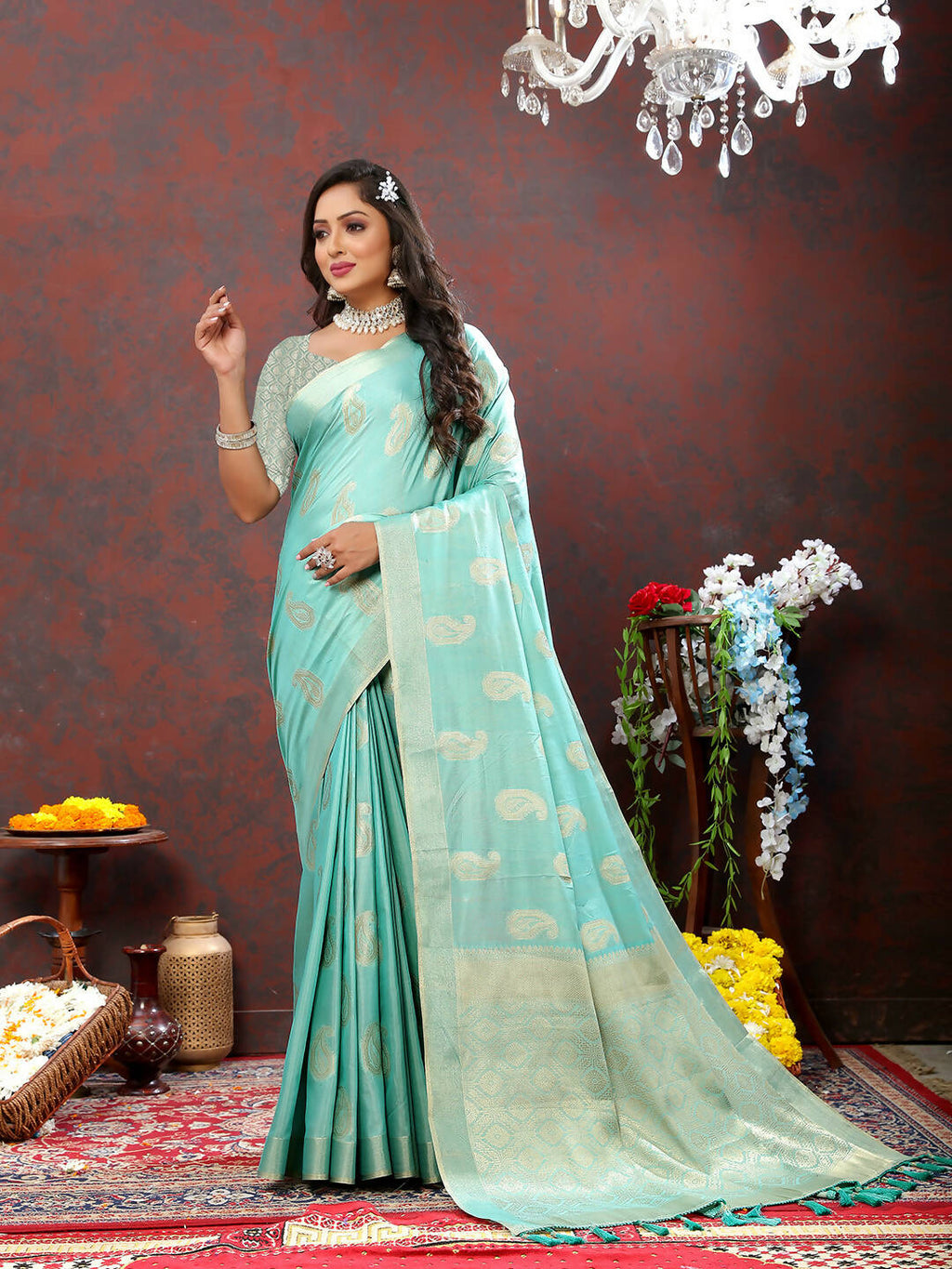 Lorenvalley Fashion Skyblue Cotton Woven Design with Zari Weaving Design Saree | Grocsy