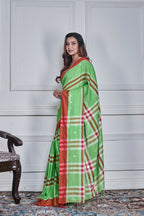 Morchari Green Cotton Handloom Mirror Work Saree Unstitched Blouse | Grocsy