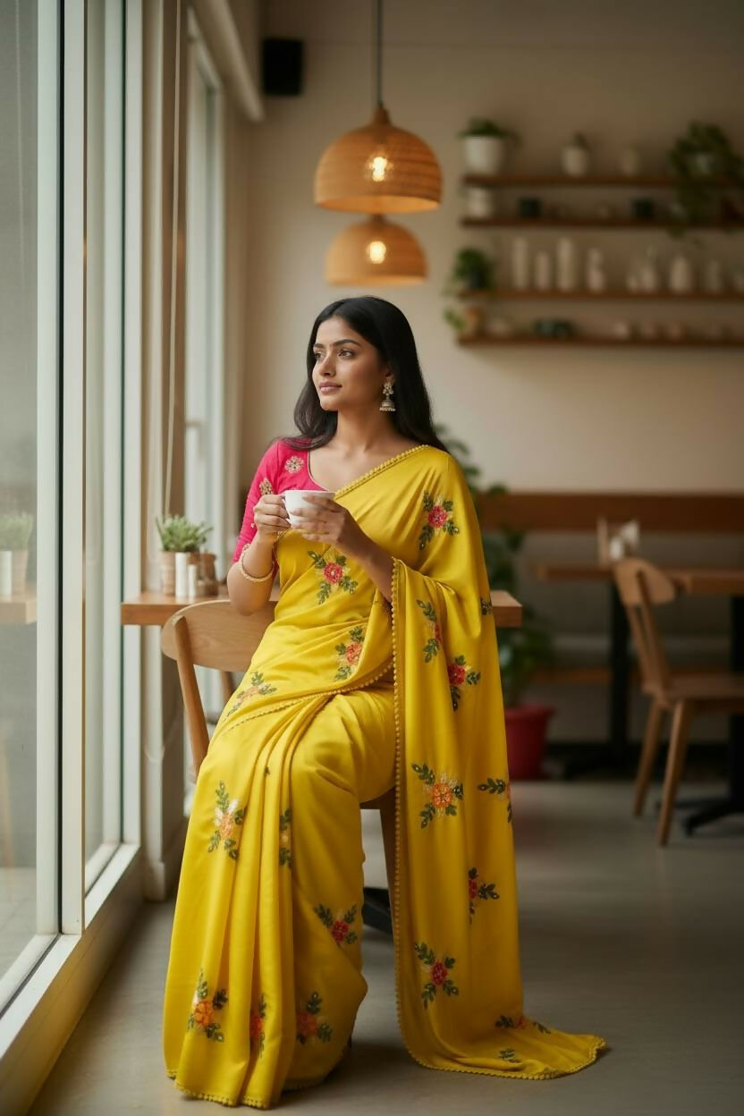 Teeya Creation Yellow Rangoli Silk Embroidery Work Party Wear Designer Saree | Grocsy