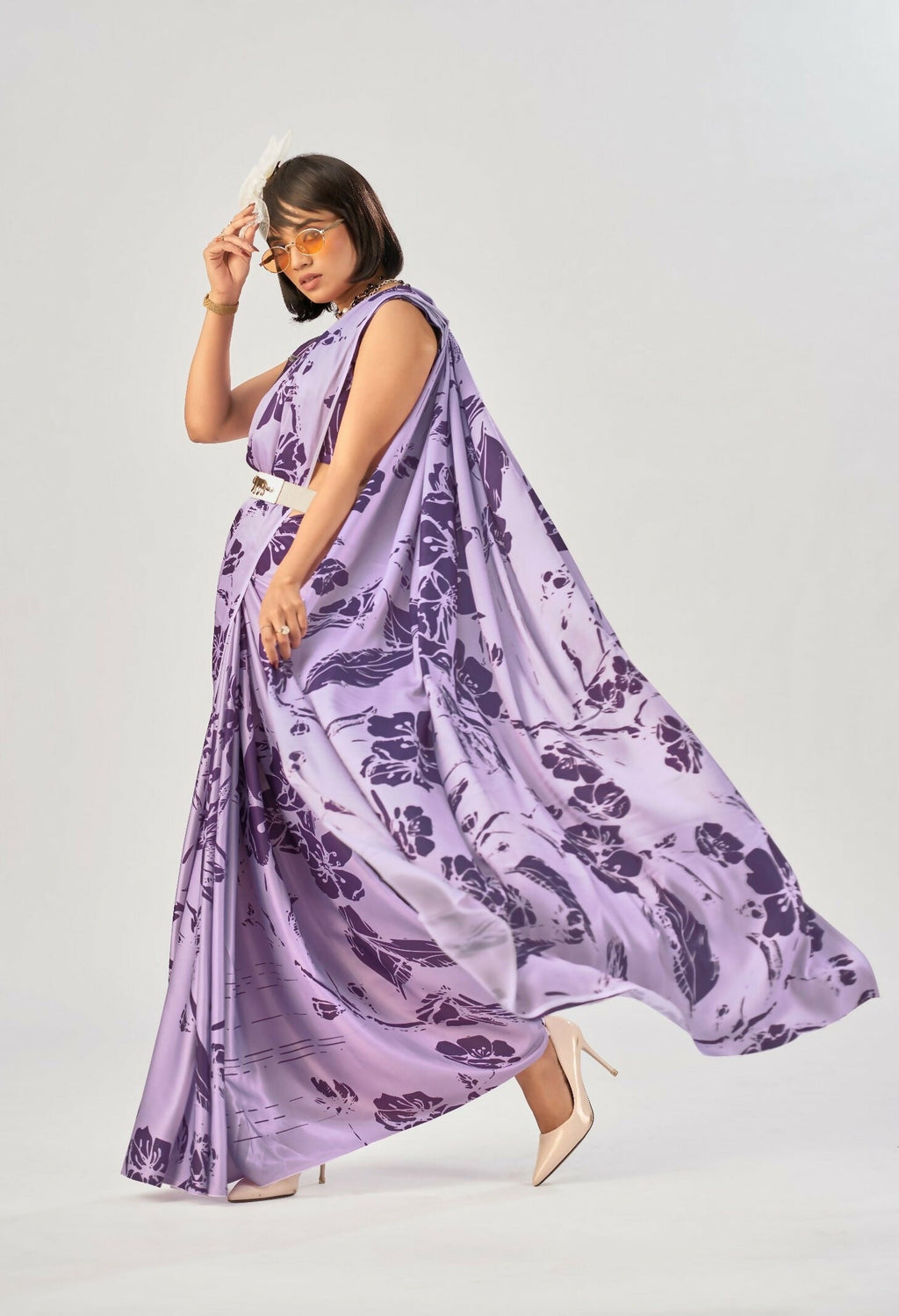 Vastranavya Lavender Satin Silk Elegant Printed Saree with Unstitched Blouse | Grocsy
