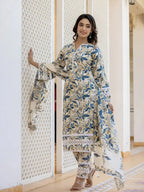 Yufta Beige Leaf Print Straight Pakistani Style Kurta Trouser And Dupatta Set | Grocsy