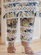 Yufta Beige Leaf Print Straight Pakistani Style Kurta Trouser And Dupatta Set | Grocsy