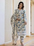 Yufta Beige Leaf Print Straight Pakistani Style Kurta Trouser And Dupatta Set | Grocsy