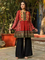 Juniper Rust Ethnic Motif Printed Cotton & Chiffon Peplum Tunic With Thread Embroidery & Tassels | Grocsy
