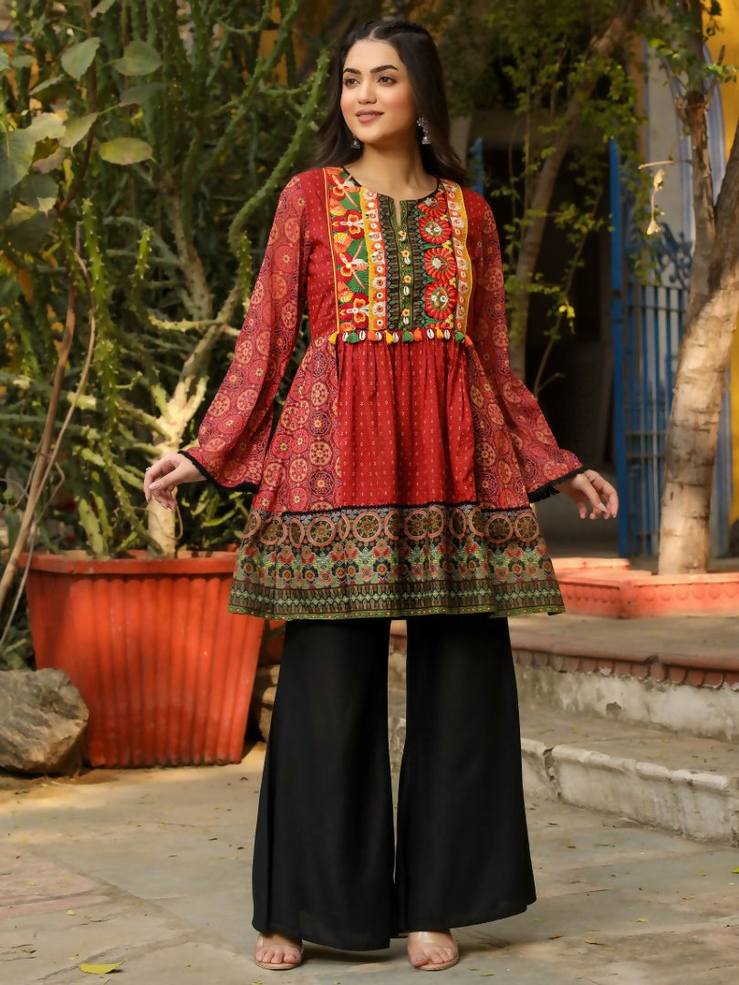 Juniper Rust Ethnic Motif Printed Cotton & Chiffon Peplum Tunic With Thread Embroidery & Tassels | Grocsy