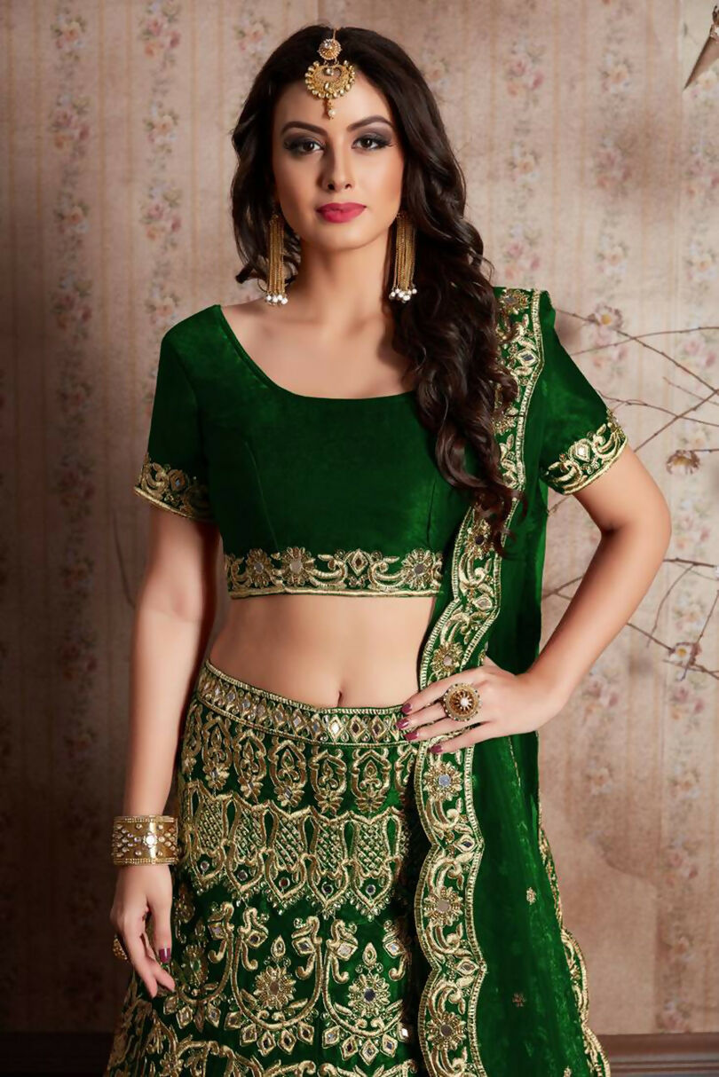 Jyoti Fashion Mesmerizing Green Sequins Embroidered Velvet Lehenga Choli with Dupatta | Grocsy