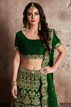 Jyoti Fashion Mesmerizing Green Sequins Embroidered Velvet Lehenga Choli with Dupatta | Grocsy