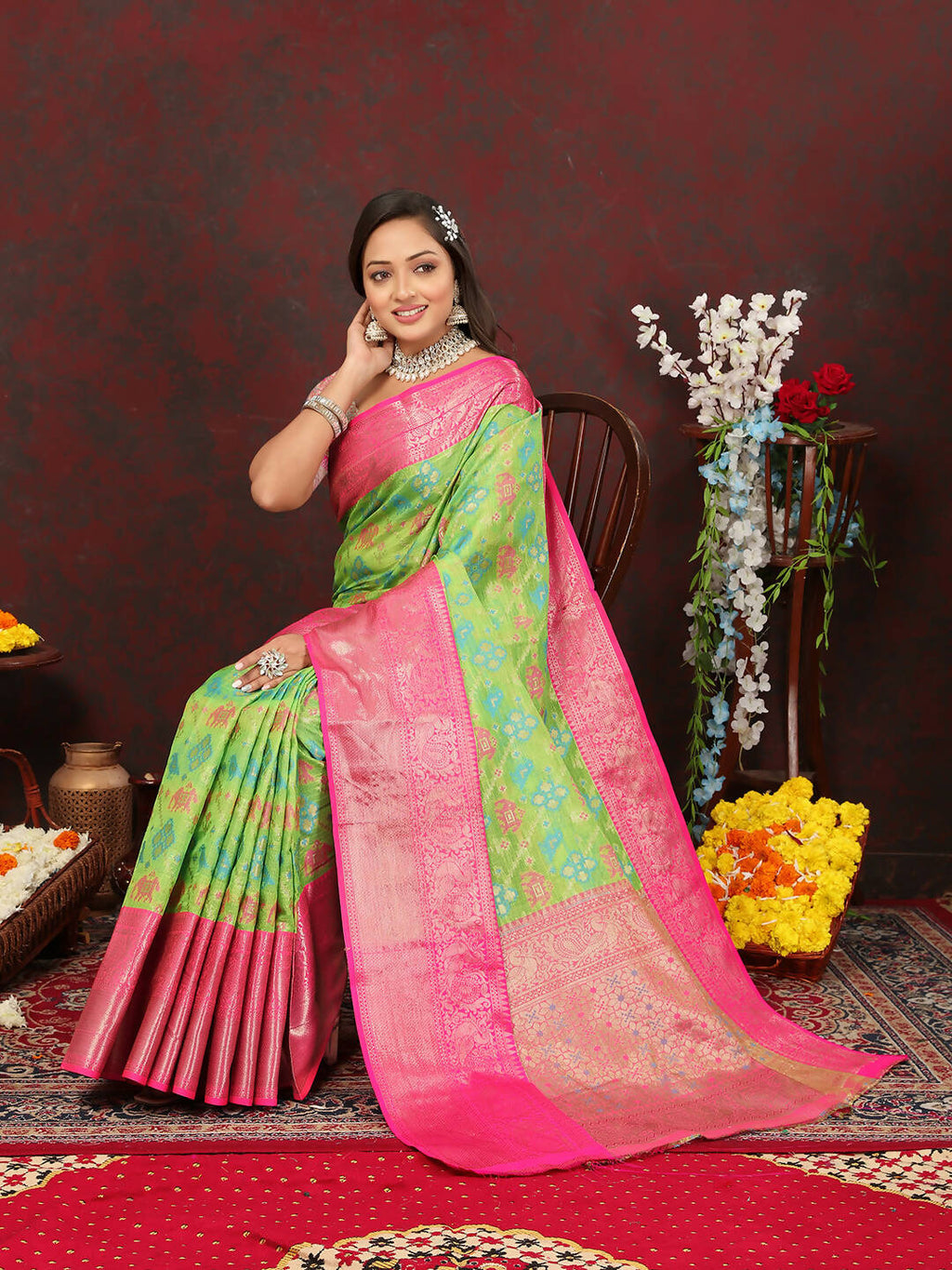 Lorenvalley Fashion Green Cotton Woven Design Zari Meenakari Weaving Saree | Grocsy