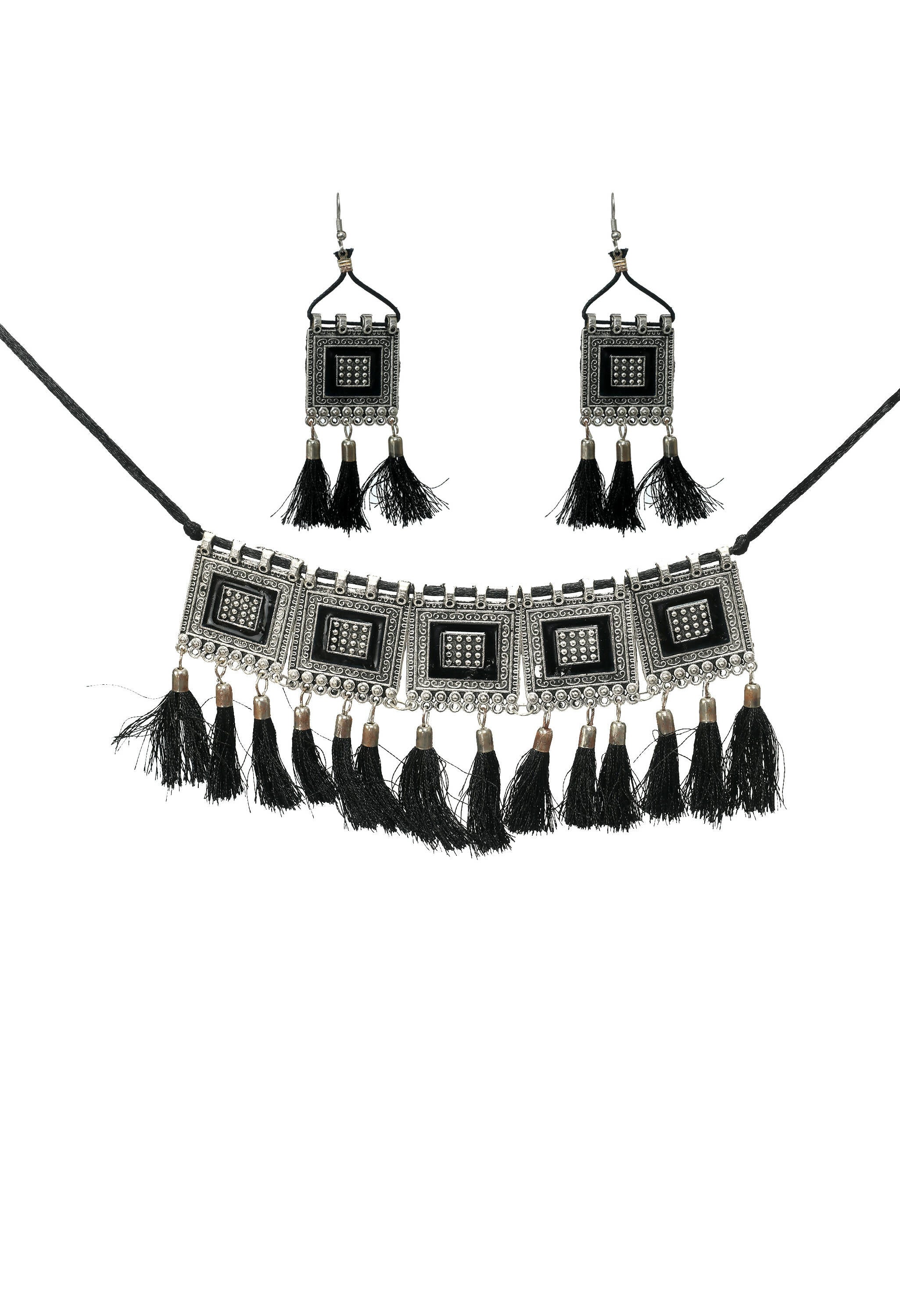 Mominos Fashion Johar Kamal Oxidised Silver-Plated Brass Finish Tassel Work Handicraft Choker For Women (Black) | Grocsy