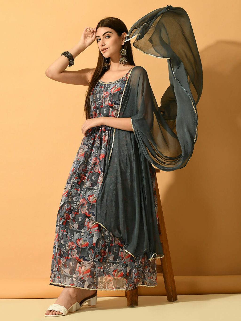 Myshka Women's Grey Festive Flared Anarkali Kurta With Dupatta sets | Grocsy