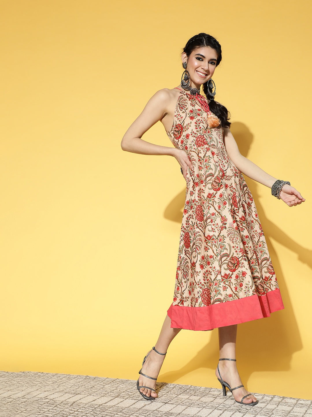 Yufta Beige & Pink Mugal Jaal Dress | Grocsy
