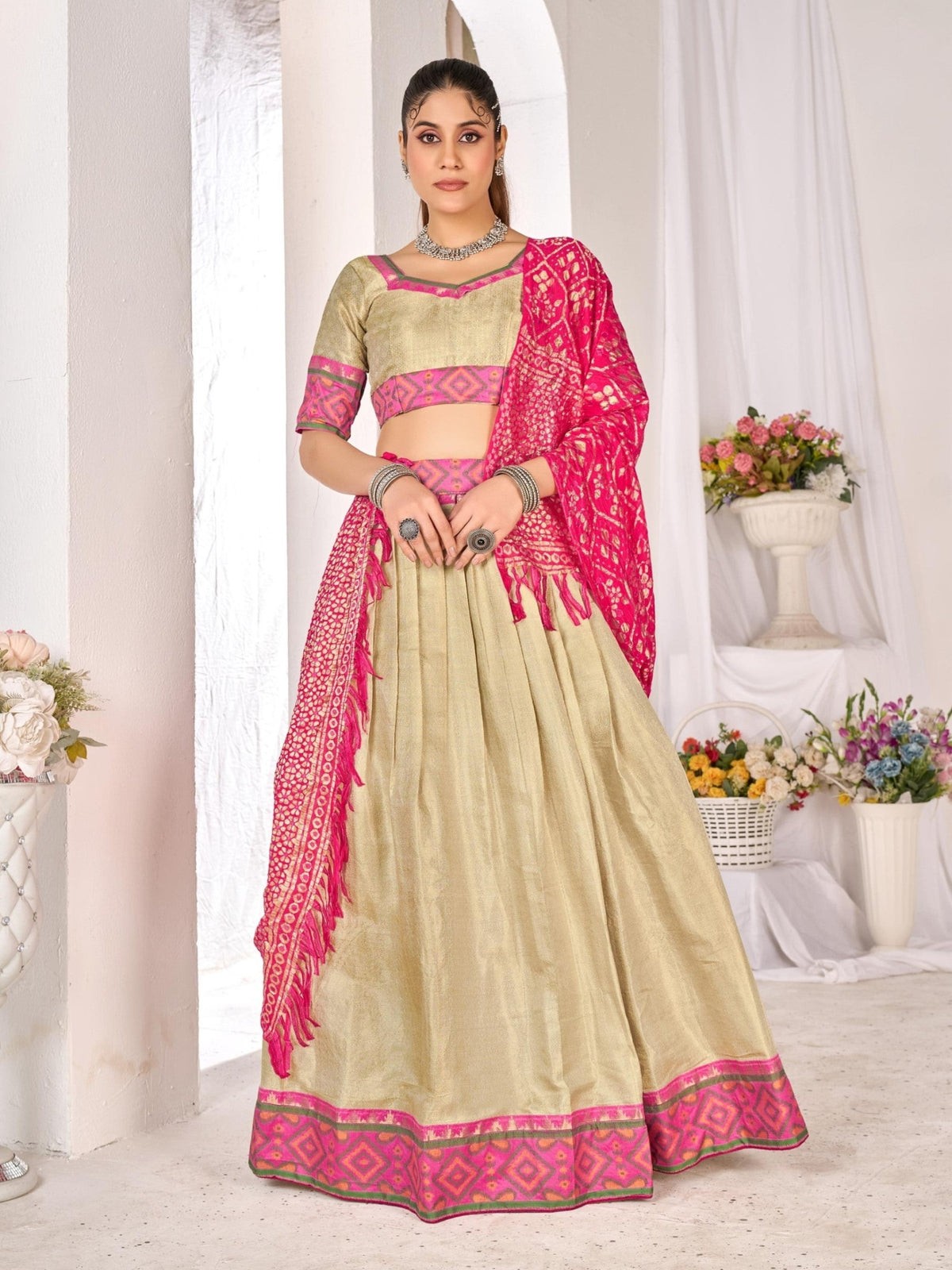 Anaita Beige Weaving Work Silk Lehenga Choli | Grocsy