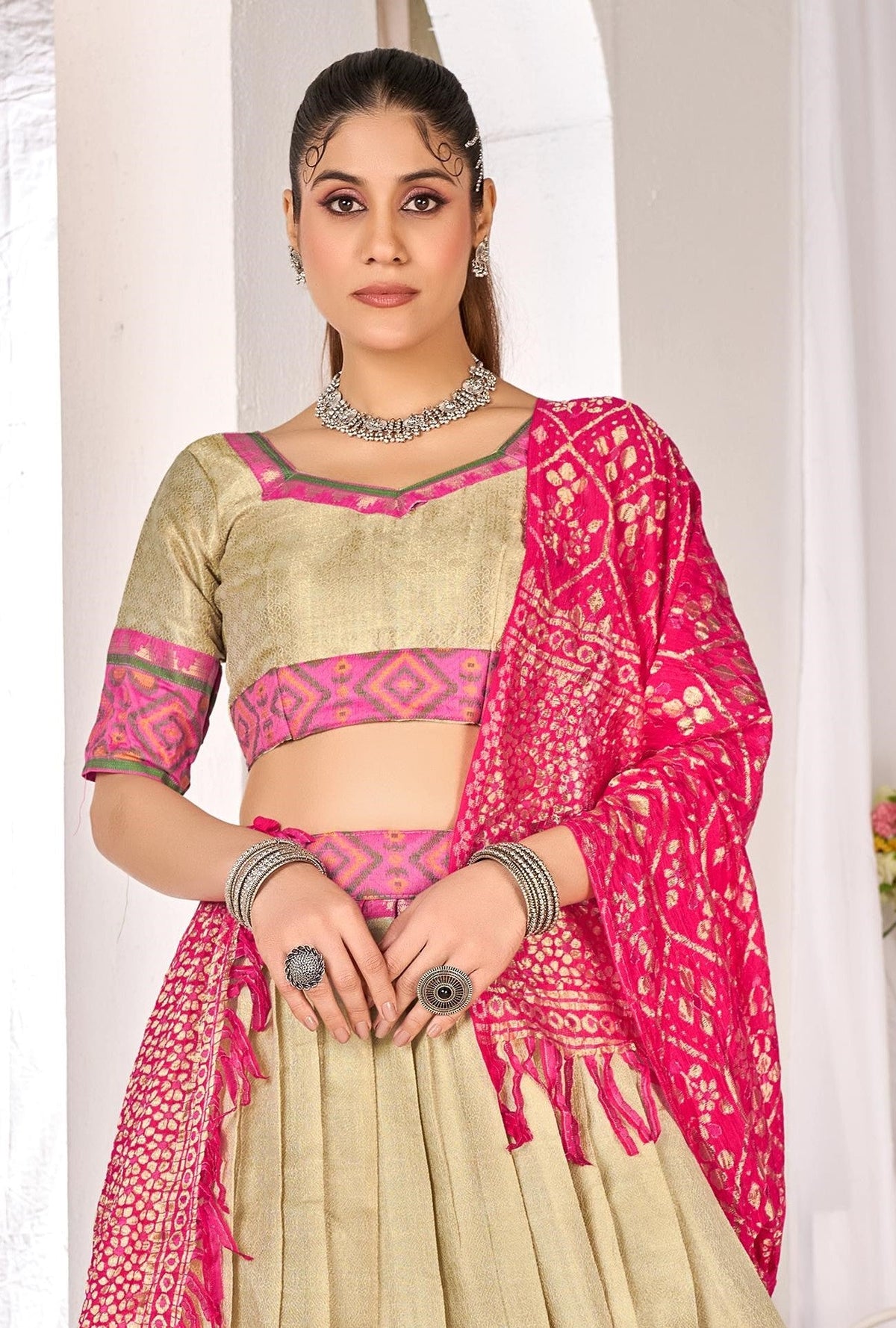 Anaita Beige Weaving Work Silk Lehenga Choli | Grocsy