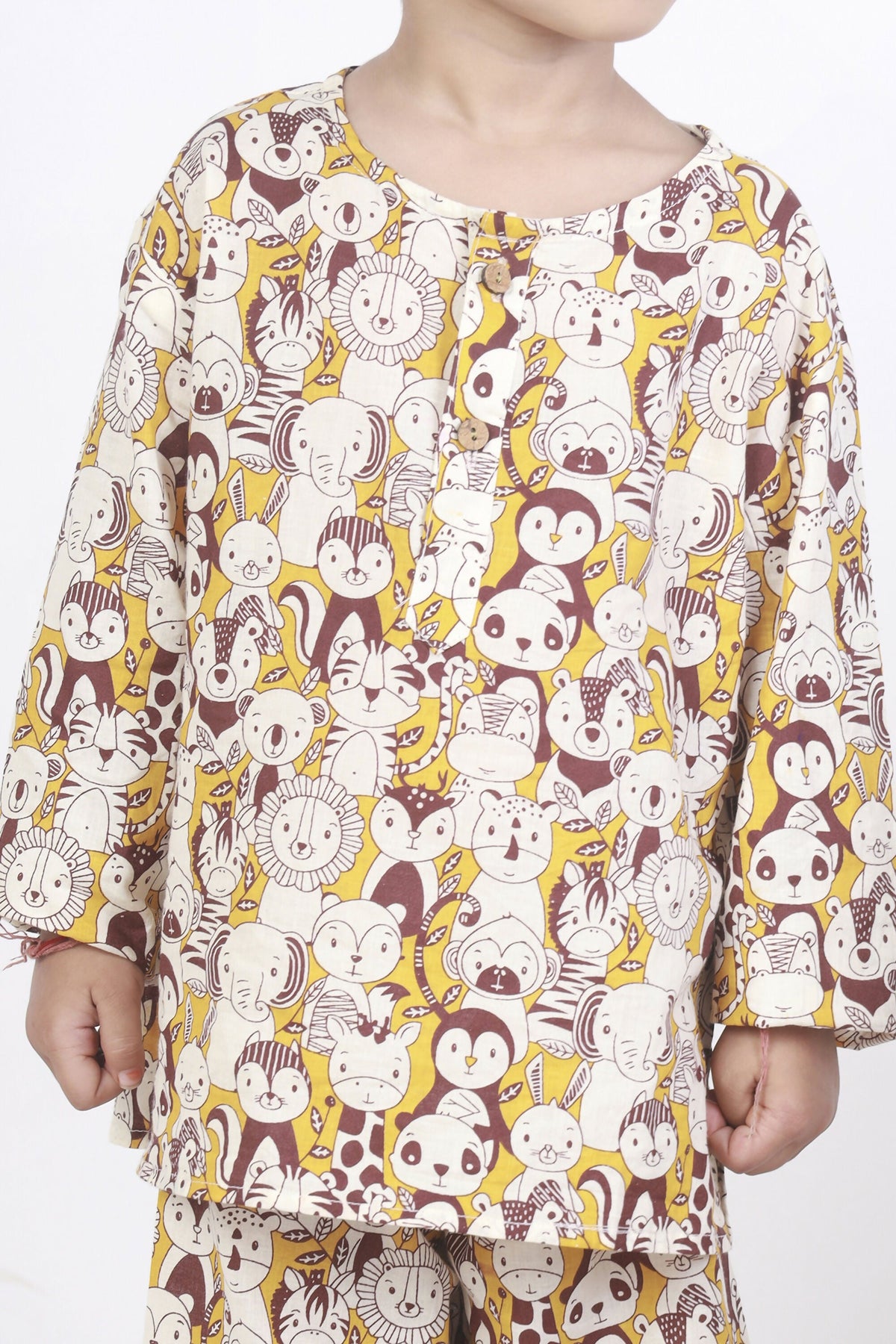 Breathables Sunny Yellow Animal Print Cotton Night Suit For Kids | Grocsy