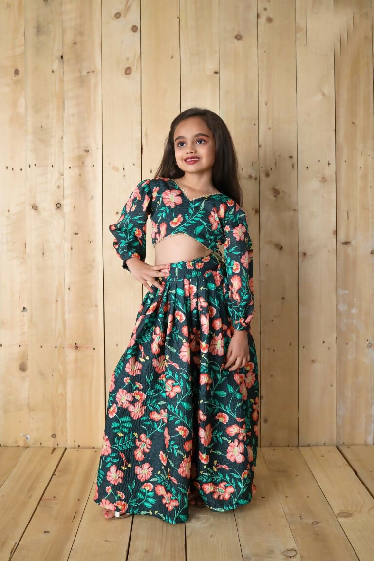 Aayaa Designer Printed Chinon Crochet Sequance Kids Lehenga Choli - Green | Grocsy