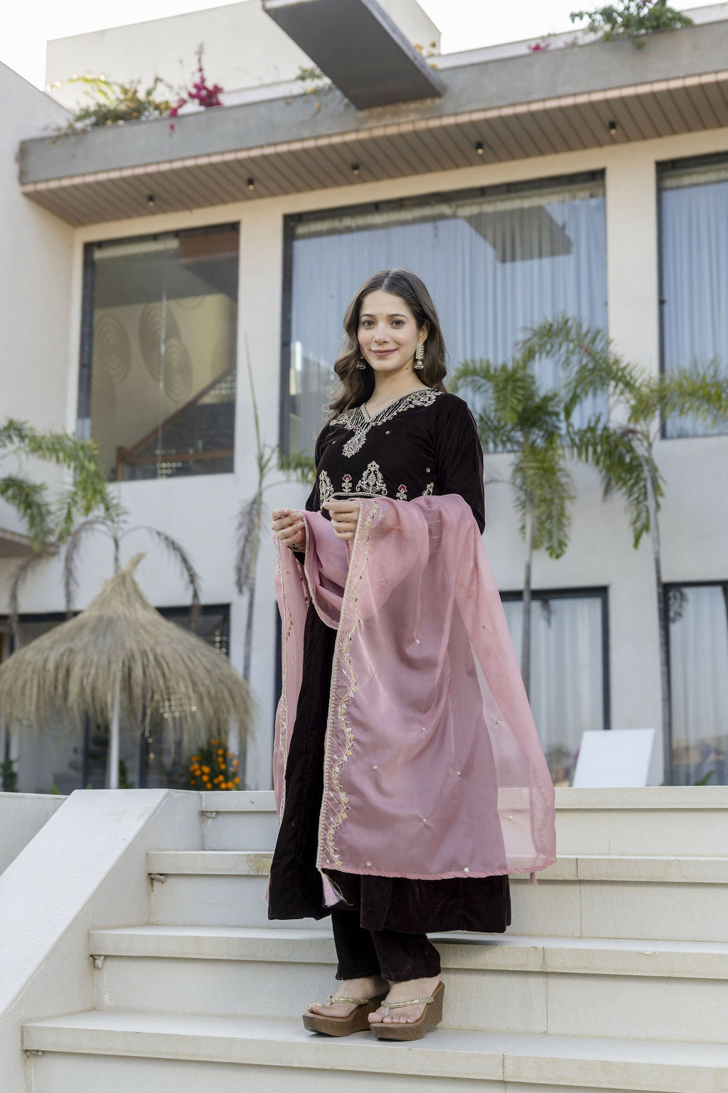 The52 Women's Beautiful Velvet Fabric Embroidery Work Flared Anarkali Pant and Dupatta Set | Grocsy