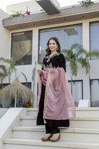 The52 Women's Beautiful Velvet Fabric Embroidery Work Flared Anarkali Pant and Dupatta Set | Grocsy