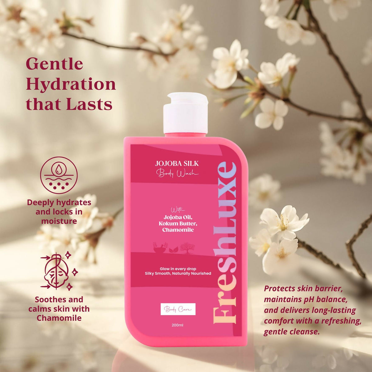 FreshLuxe Silk Bodywash Exfoliating & Hyderation Jojoba, Camomile & Ylang Ylang | Grocsy