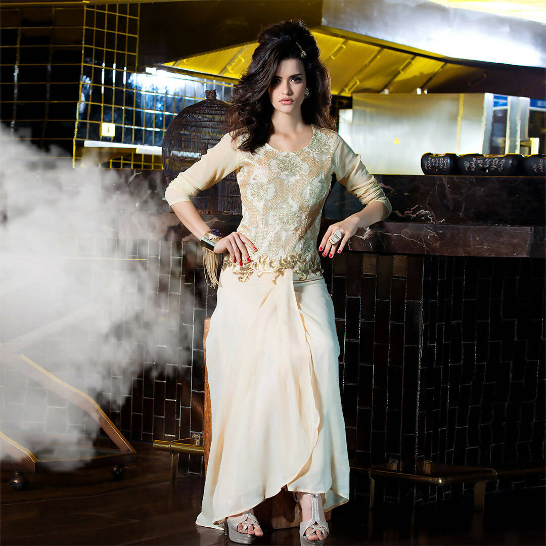 Off White Georgette Floral Embroidered A-line Kurti - Missy | Grocsy