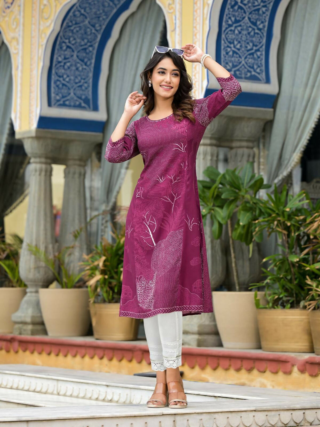 Juniper Women's Wine Beautiful Printed Liva Rayon A-Lined Kurta For Women | Grocsy