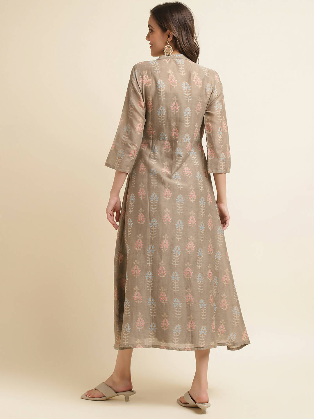 Brown Cotton Solid Flared Dress with Printed Shrug - Yukti | Grocsy