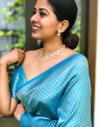 DEIANA'S Beautiful Designer Golden zari Soft Lichi Silk Saree - Sky | Grocsy