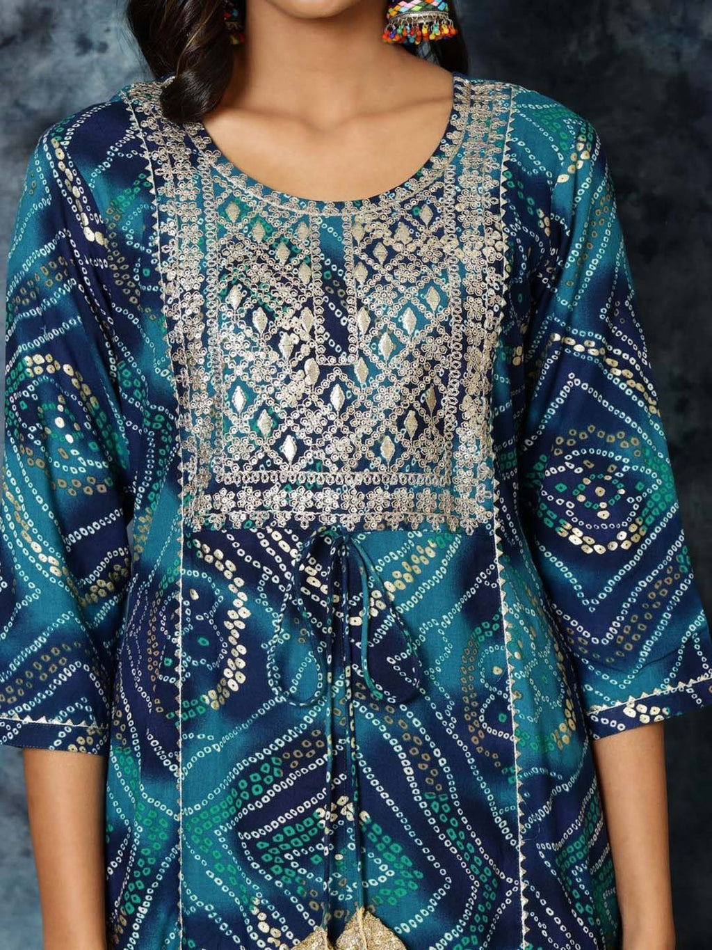 Sangria Bandhani Print & Embroidered Kurta Palazzo & Dupatta Set | Grocsy