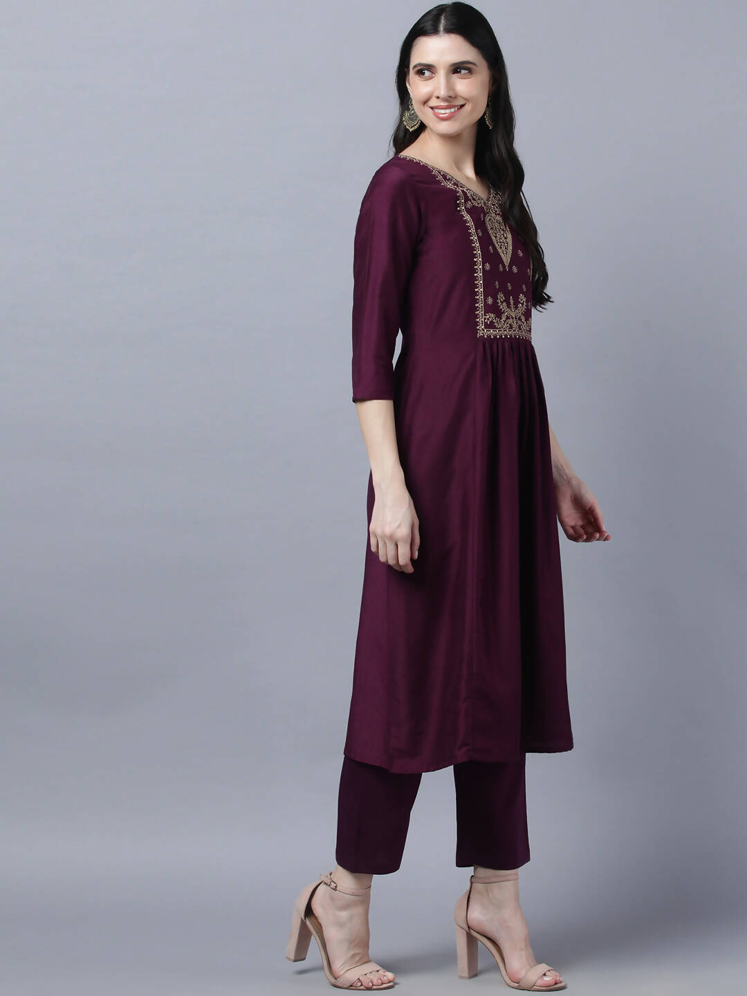 Myshka Stylish Maroon 3/4 Sleeve Women's Kurta Pant with Dupatta Set | Grocsy