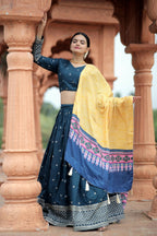 Vastranavya Navaratri Collection Myra Silk Lehenga & Blouse With Maslin Crochet Printed Dupatta Set - Turquoise | Grocsy