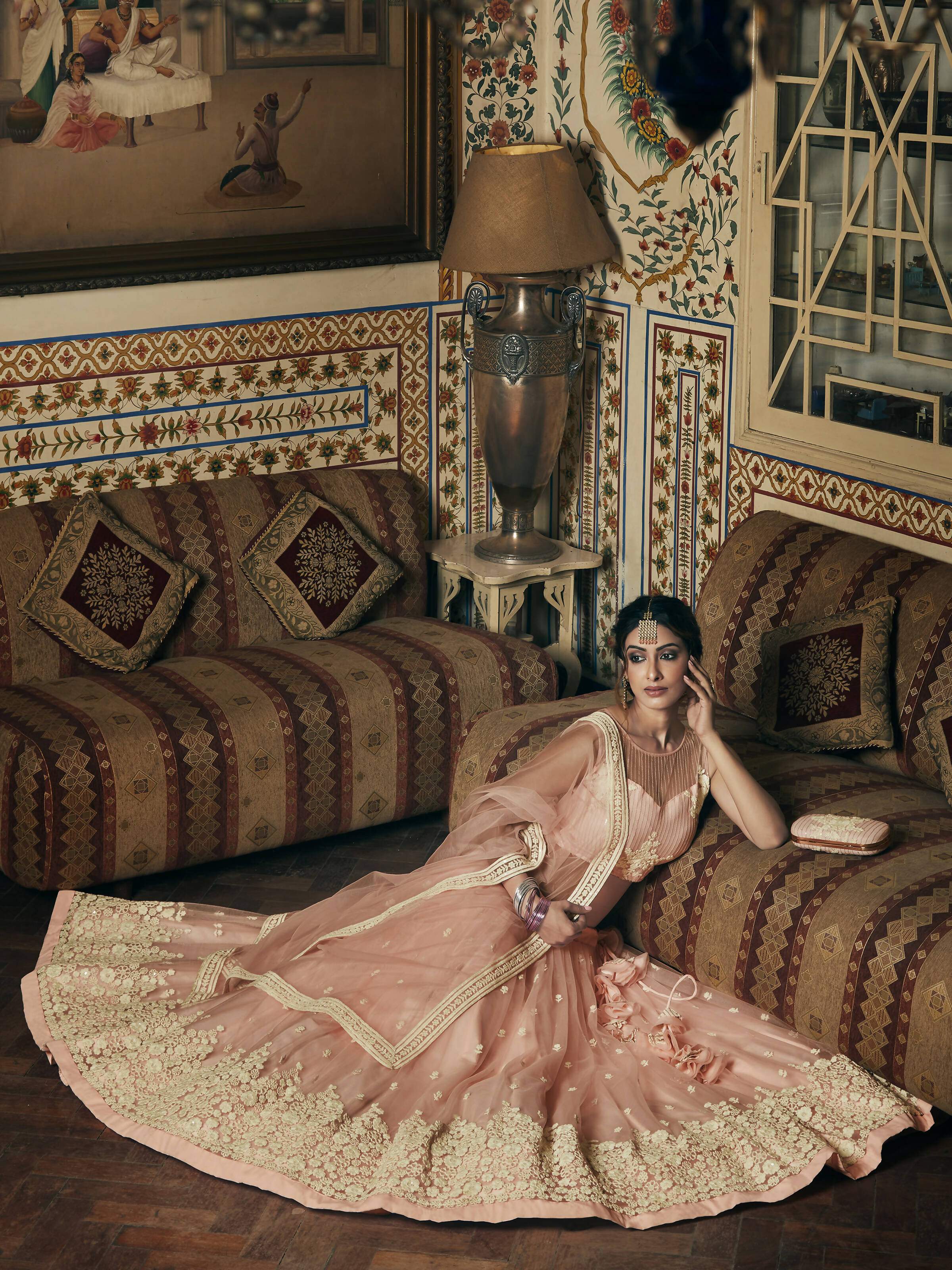 Wedding Designer Sequene Zari Resham Embroidery Peach Net Lahengha Choli - Anbazaar | Grocsy