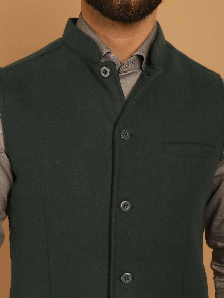 Even Apparels Pure Wool Nehru Jacket - Green | Grocsy