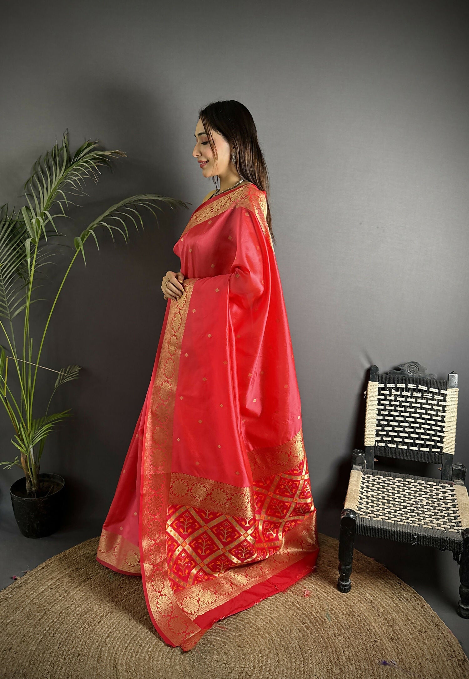 Joban Fashion Red Banarasi Cotton Silk Woven Saree | Grocsy