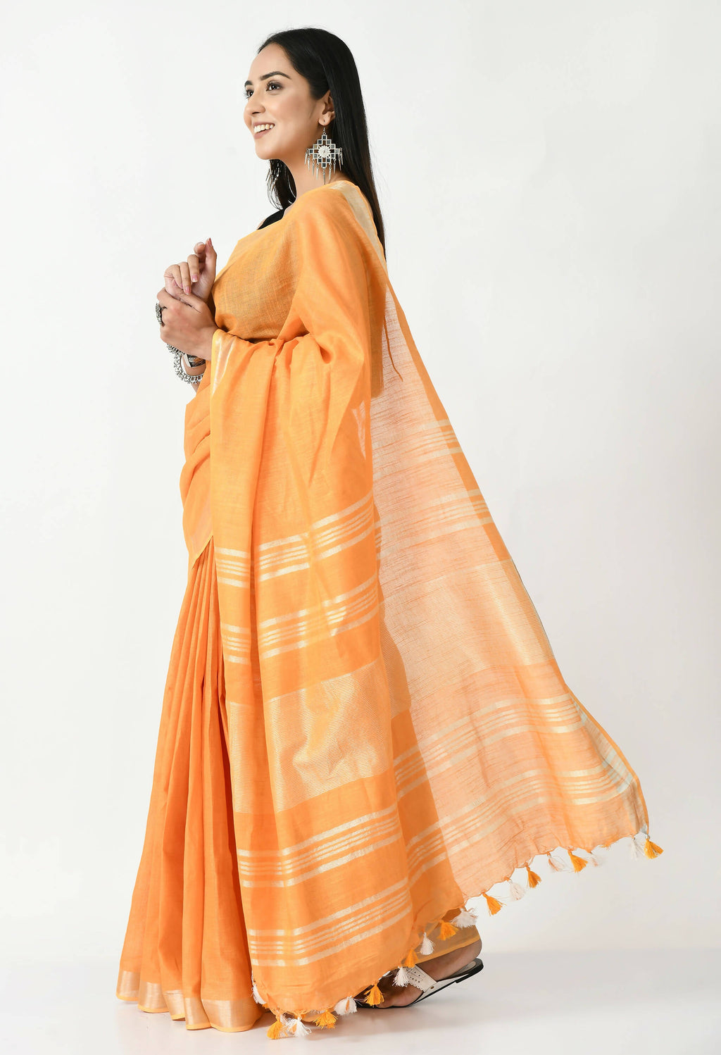 Mominos Fashion Moeza Orange Bhagalpuri Handloom Silk Linen Saree with unstitched Blouse piece | Grocsy