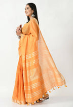 Mominos Fashion Moeza Orange Bhagalpuri Handloom Silk Linen Saree with unstitched Blouse piece | Grocsy