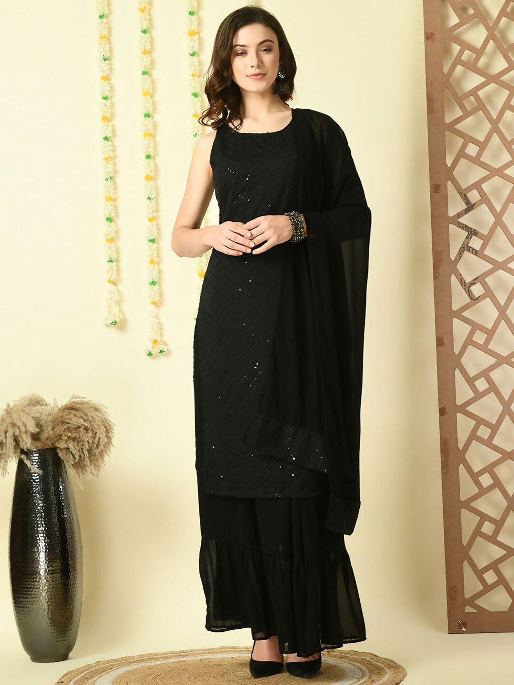 Myshka Women's Black Georgette Kurta & Skirt With Dupatta Party Sets | Grocsy