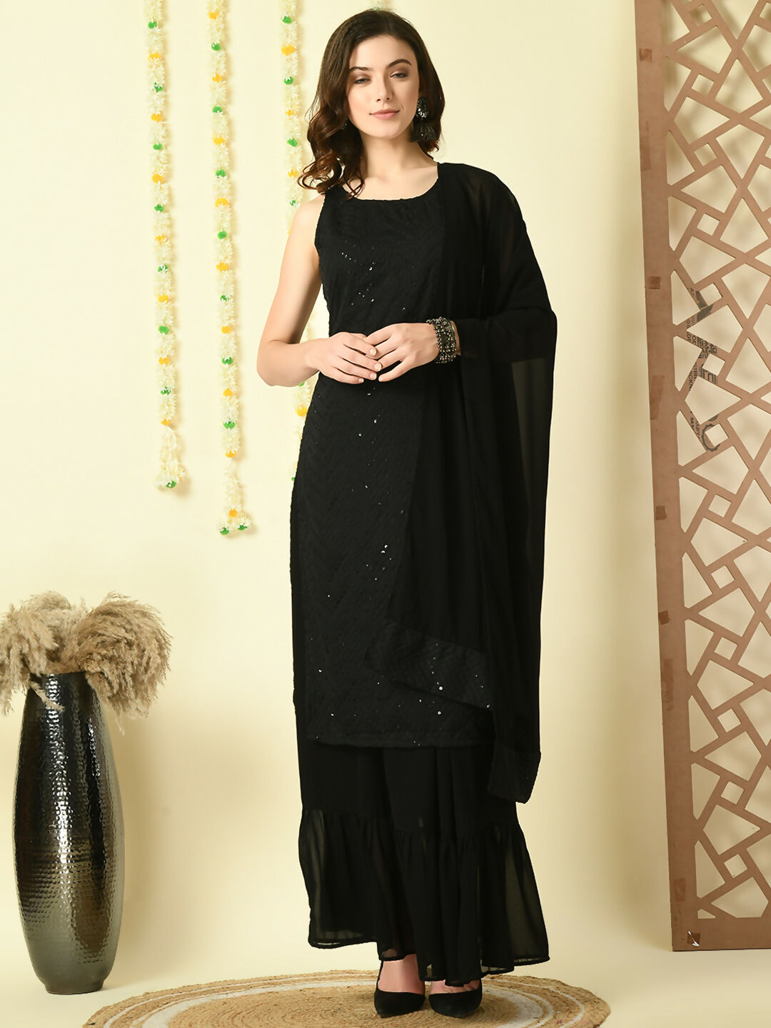 Myshka Women's Black Georgette Kurta & Skirt With Dupatta Party Sets | Grocsy