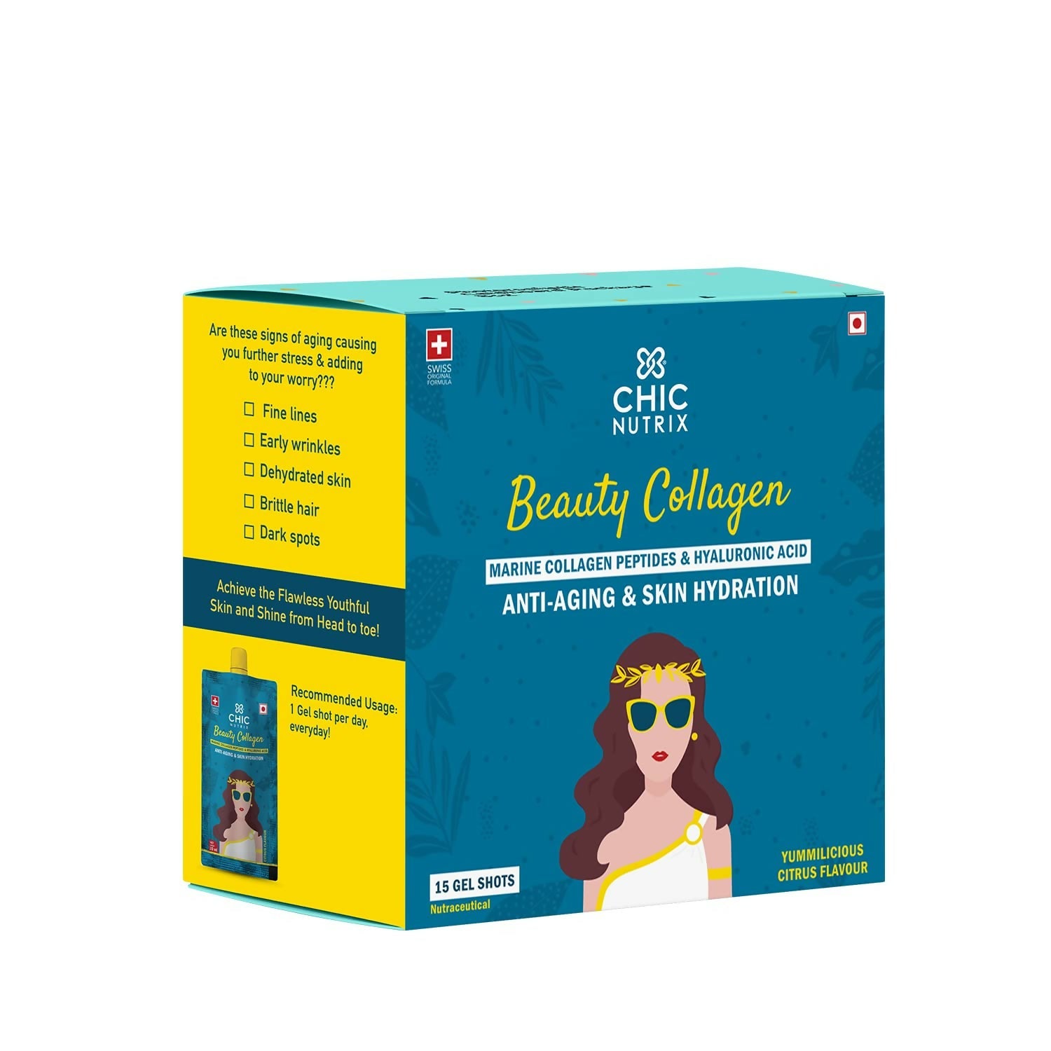 Chicnutrix Korean Beauty Collagen - Japanese Marine Collagen Peptides For Wrinkle free Skin and Anti aging - Citrus Flavour | Grocsy